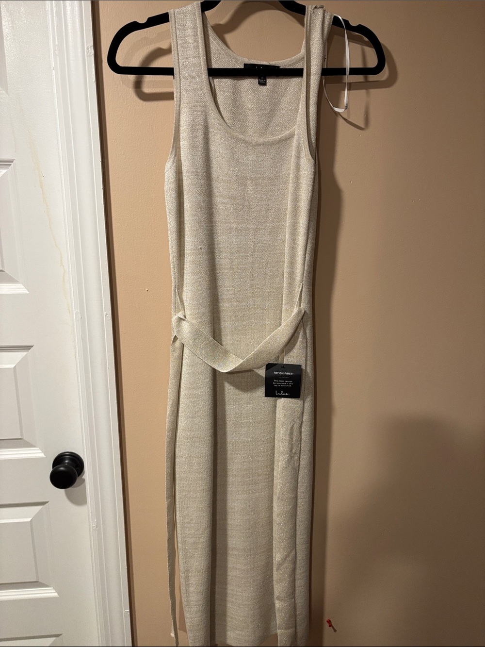 Lulu's Cream Sleeveless Knit Maxi Dress with Waist Tie
